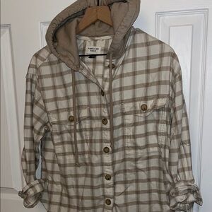 American Eagle Outfitters XS Tan Plaid Hooded Flannel Shirt